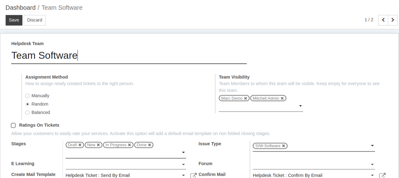 Overview of the settings page of a helpdesk team emphasizing the rating on ticket feature in OpenEduCat Helpdesk