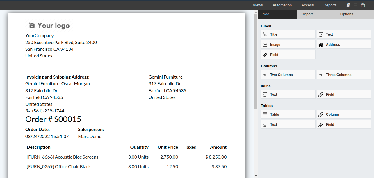 View of a report and the tab add in OpenEduCat Studio