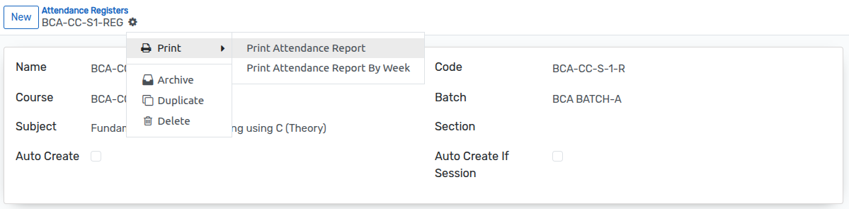 Attendance Register Print Menu with XLSX Options