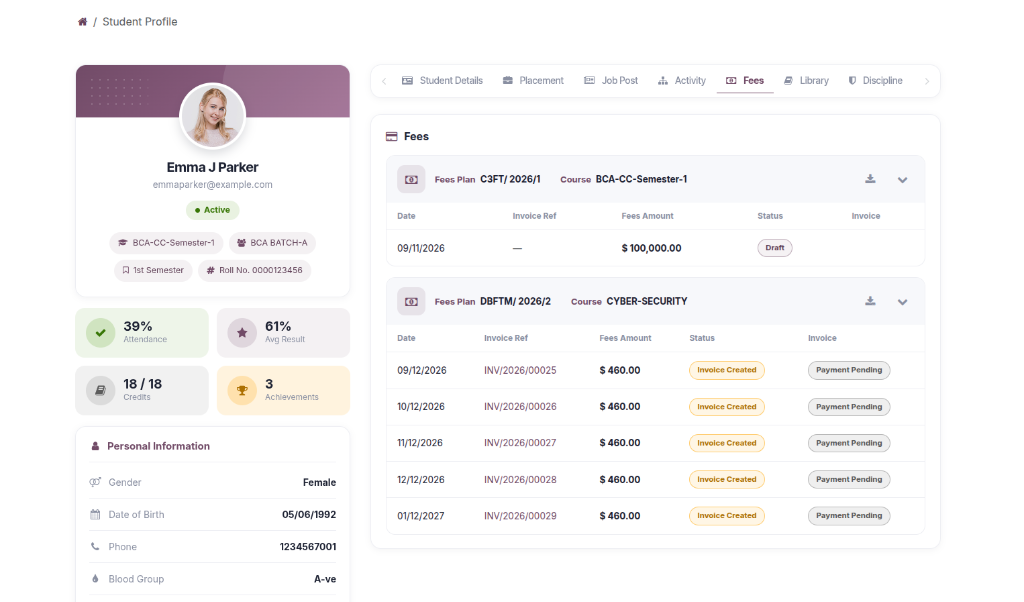 Fees Tab in Student Profile
