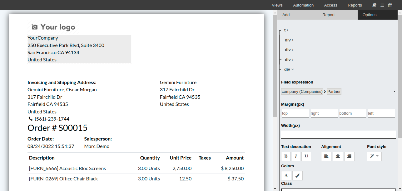 View of a report and the tab options in OpenEduCat Studio