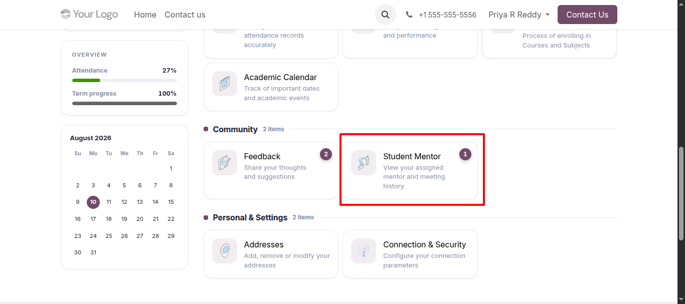 Student portal home with mentor card