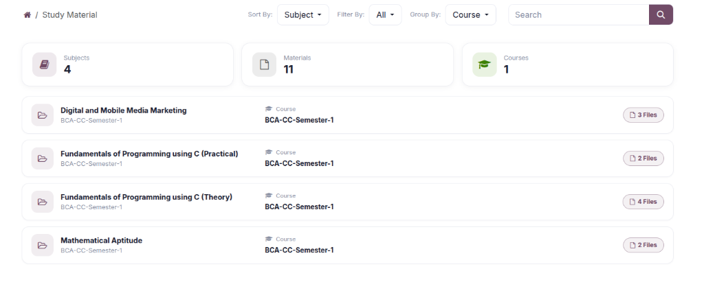 Study Material List View on Student Portal