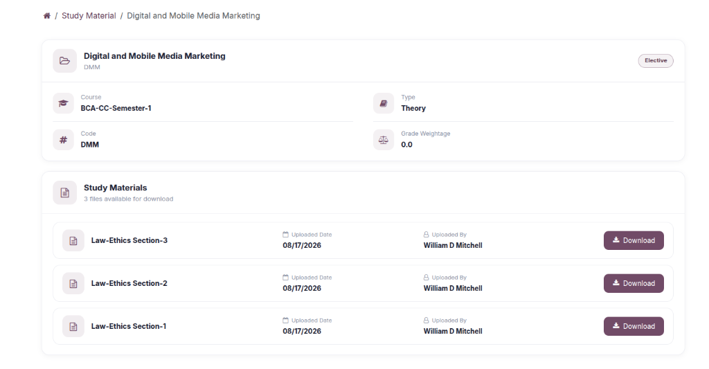 Subject Material Details and Download View