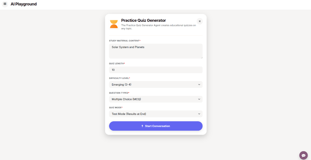 Practice Quiz Generator Configuration Parameters