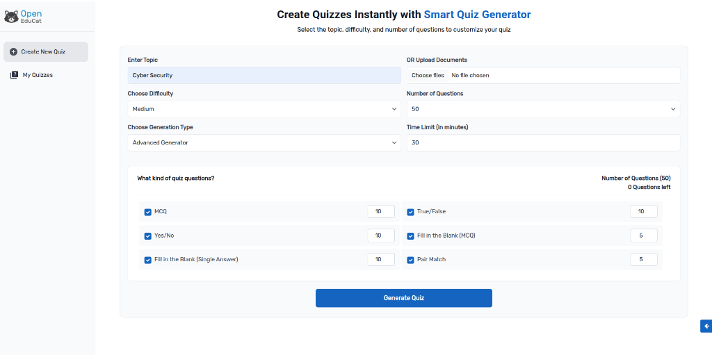 AI Quiz Generator Dashboard