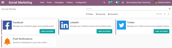 View of the social media page in the openeducat Social Marketing application.
