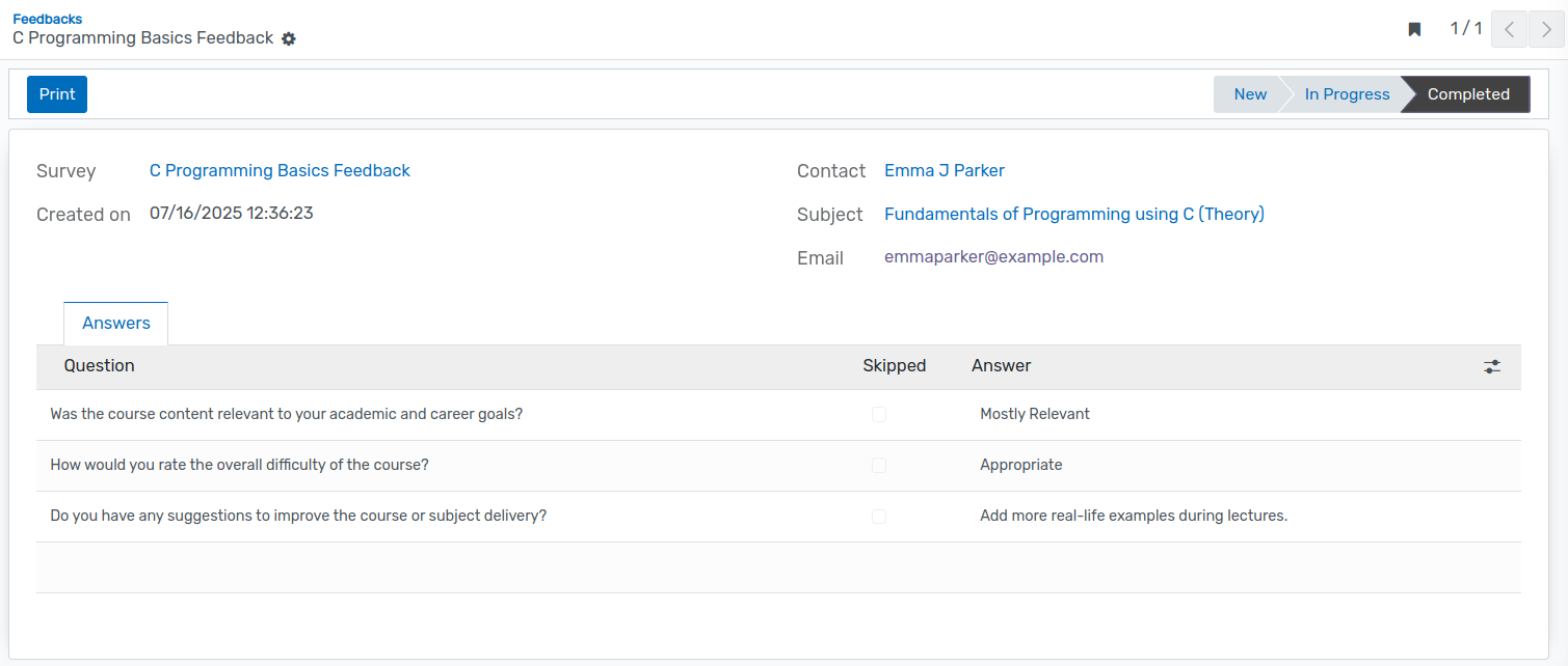 Detailed view of a submitted feedback response