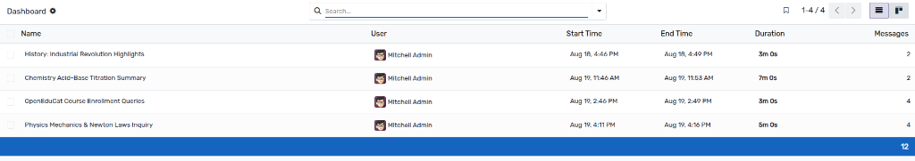 Voice Assistant Dashboard Sessions List