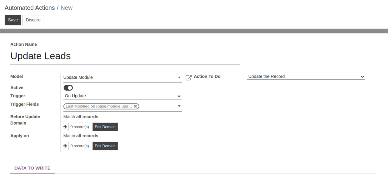 View of an automated action being created in OpenEduCat Studio