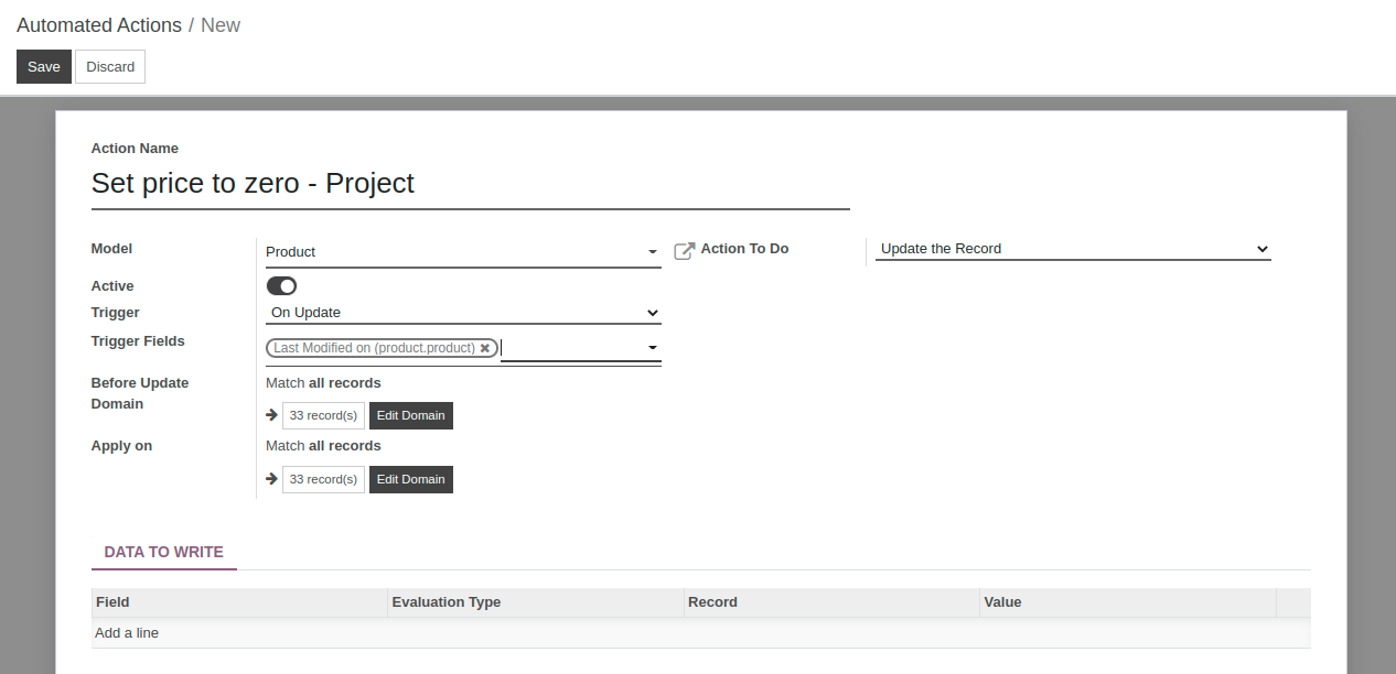 View of the automated action created to set the price of a product to zero in OpenEduCat Studio