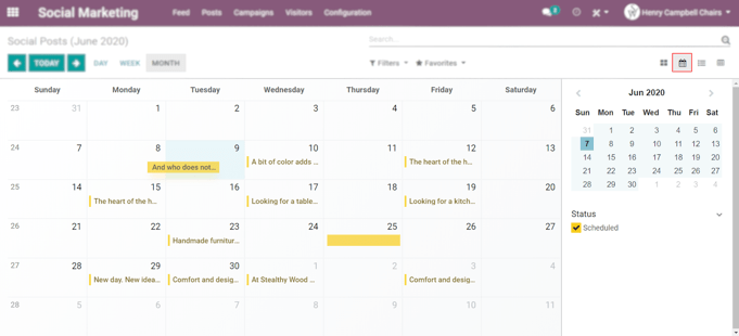 Example of the calendar view in openeducat Social Marketing.