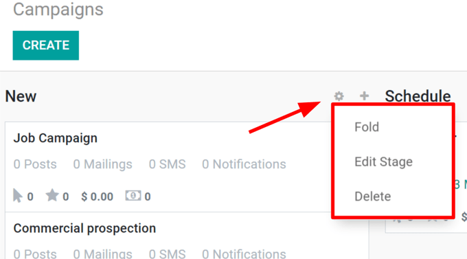 View of the campaigns page in the openeducat Social Marketing application.