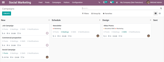 View of the campaigns page in the openeducat Social Marketing application.
