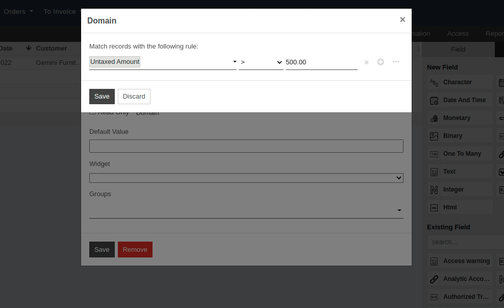 Form view of a required domain being set in OpenEduCat Studio