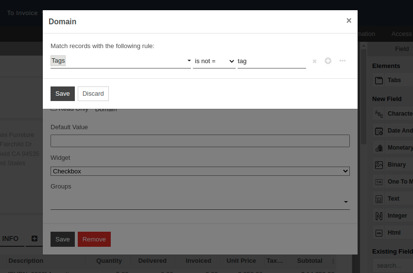 Form view emphasizing a field added and its invisibility properties in OpenEduCat Studio