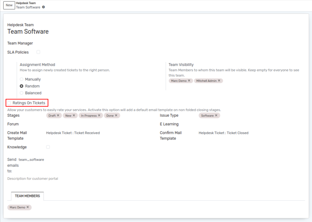 Overview of the settings page of a helpdesk team emphasizing the rating on ticket feature in OpenEduCat Helpdesk