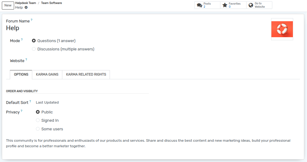 Overview of a forum’s settings page in OpenEduCat Helpdesk