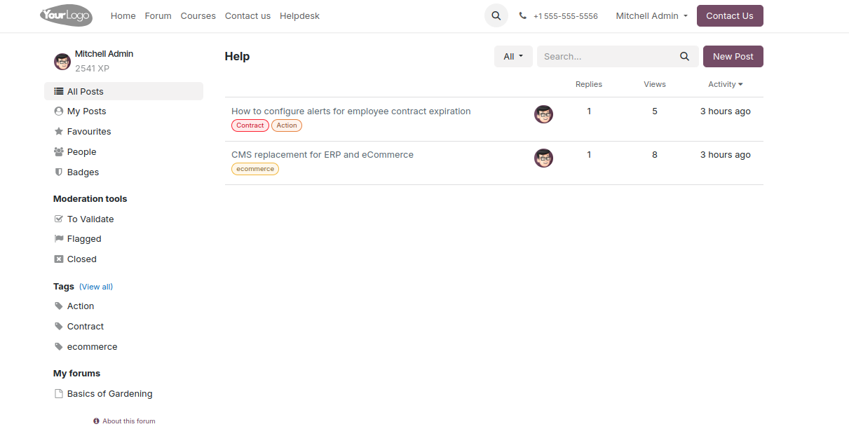 Overview of the Forums page of a website to show the available ones in OpenEduCat Helpdesk