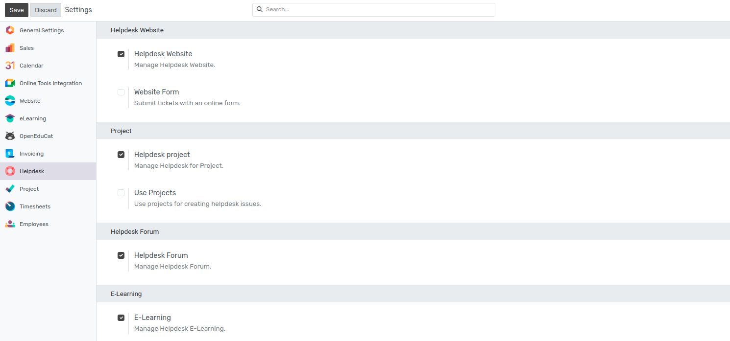 Overview of the settings page of a helpdesk team emphasizing the help center feature in OpenEduCat Helpdesk