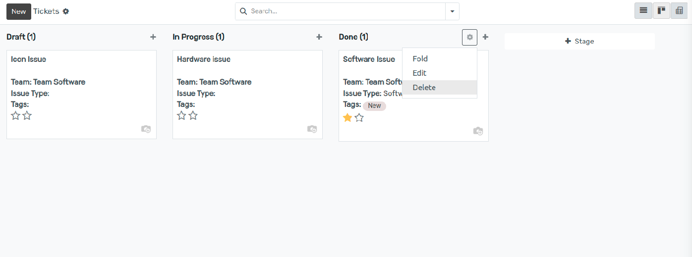 Overview of a helpdesk team kanban view emphasizing the menu edit stage in OpenEduCat Helpdesk