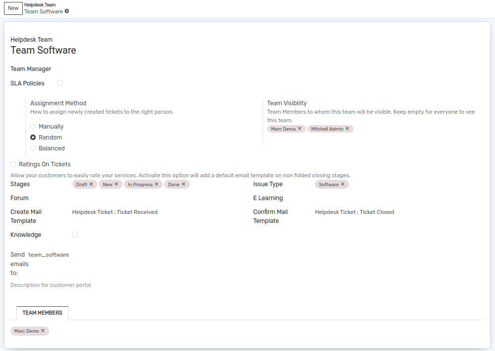 View of a helpdesk team settings page emphasizing the productivity and visibility features in OpenEduCat Helpdesk