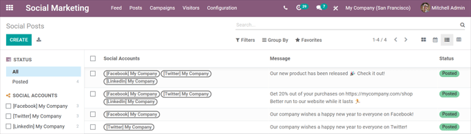 View of the list option on the posts page in openeducat Social Marketing.