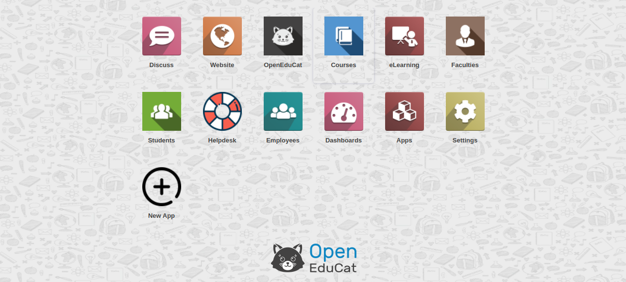 Overview of the main dashboard emphasizing the option to create a new app in OpenEduCat Studio