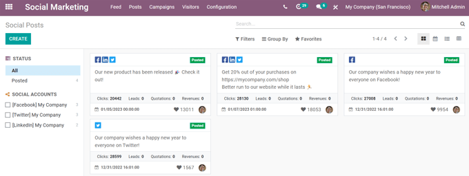 Kanban view of the posts page in the openeducat Social Marketing application.