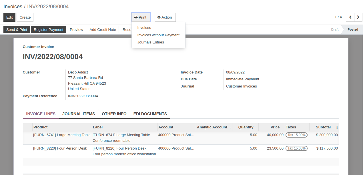 View of an invoice form emphasizing the menu print for OpenEduCat Studio