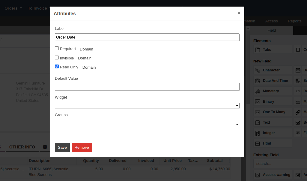 Form view showing the widgets available in OpenEduCat Studio