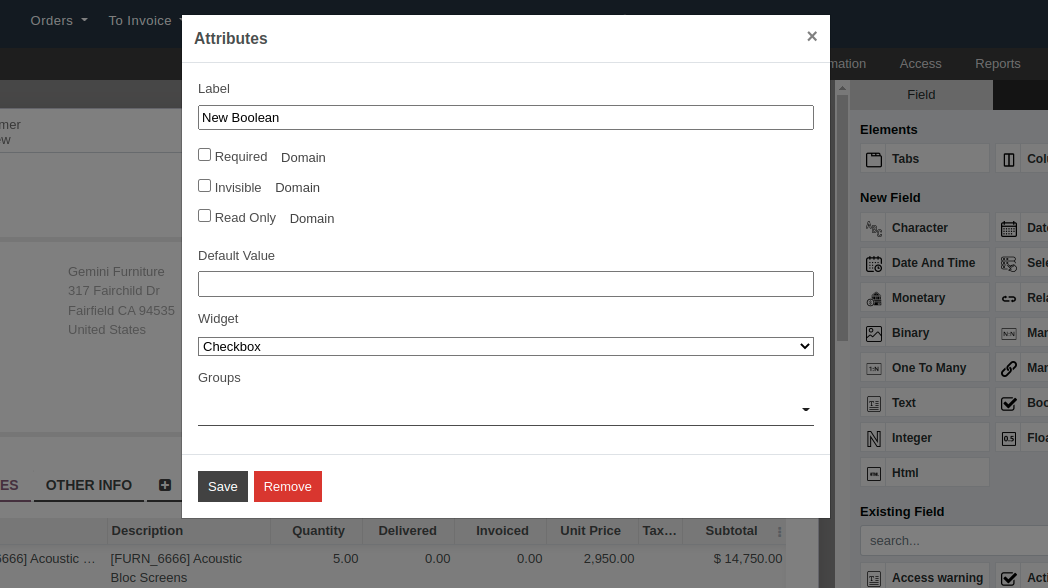 Form view emphasizing the widget property in OpenEduCat Studio