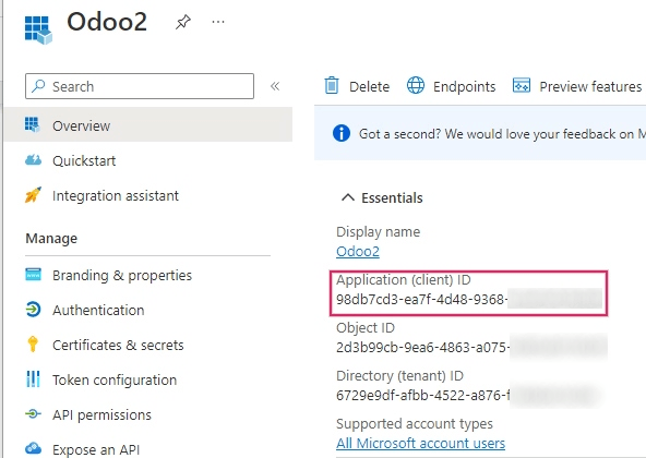 ID de aplicación/cliente ubicado en la descripción general de la aplicación.