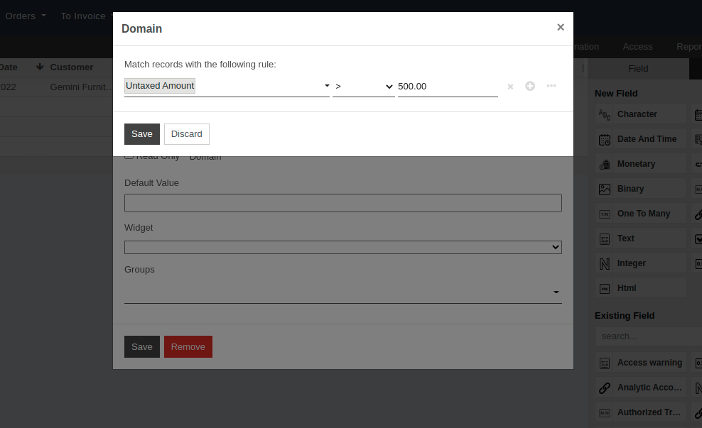 Vista de formulario de un dominio requerido que se está configurando en OpenEduCat Studio