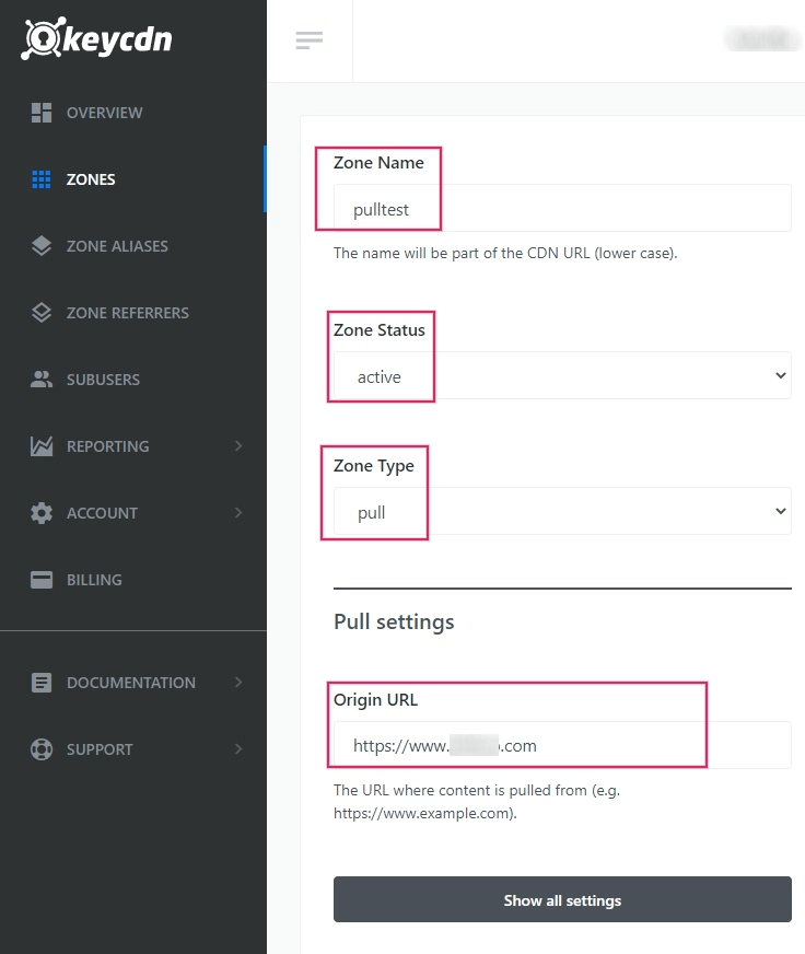 Página de configuración de zona de KeyCDN.
