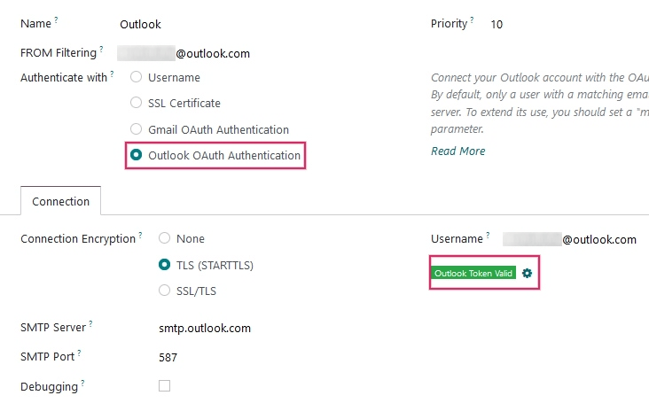 Indicador de token de Outlook válido.