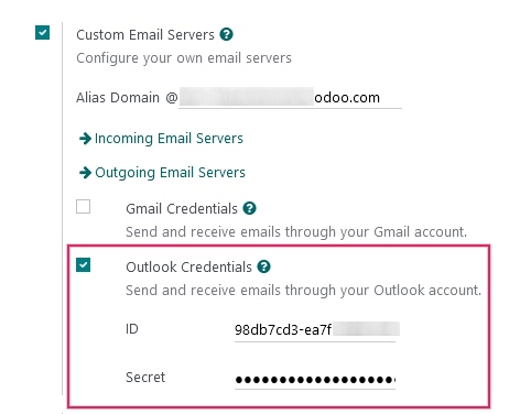 Credenciales de Outlook en la configuración general de Odoo.