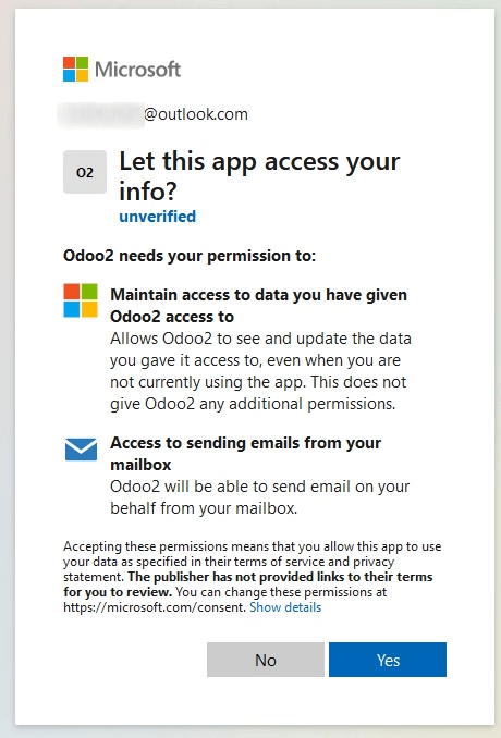 Página de permiso para otorgar acceso entre la aplicación recién creada y Odoo.
