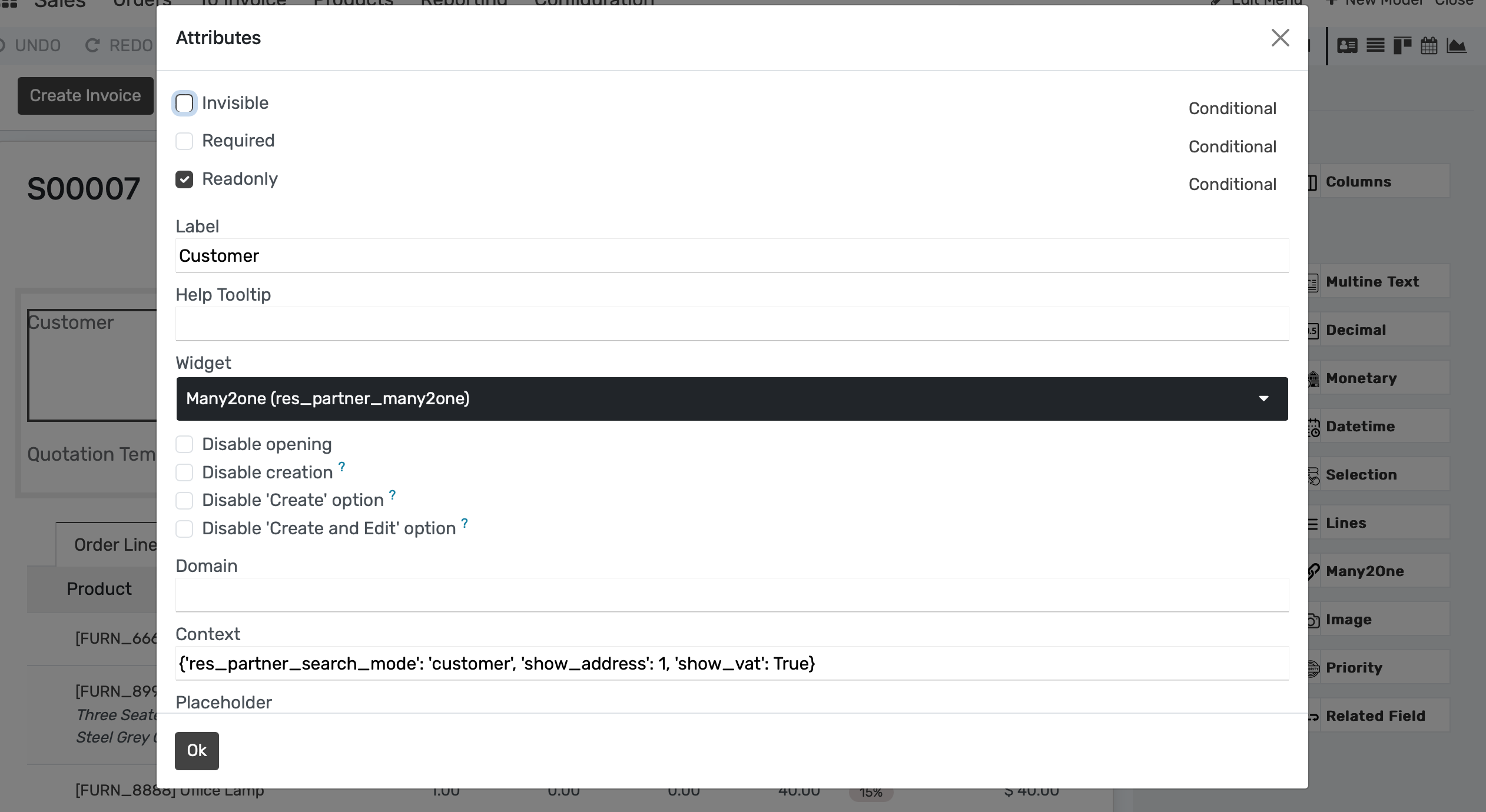 Vista de formulario que muestra los widgets disponibles en OpenEduCat Studio