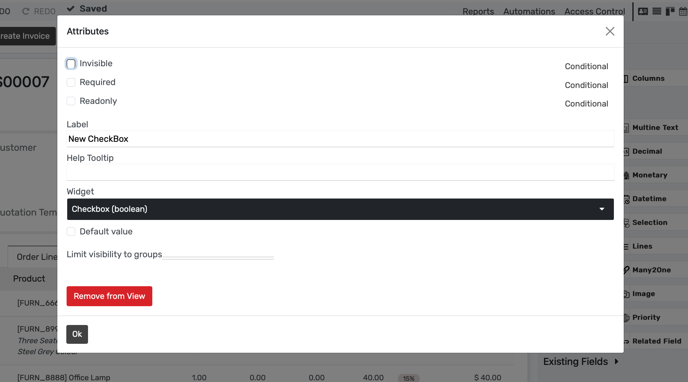 Vista de formulario que enfatiza la propiedad del widget en OpenEduCat Studio