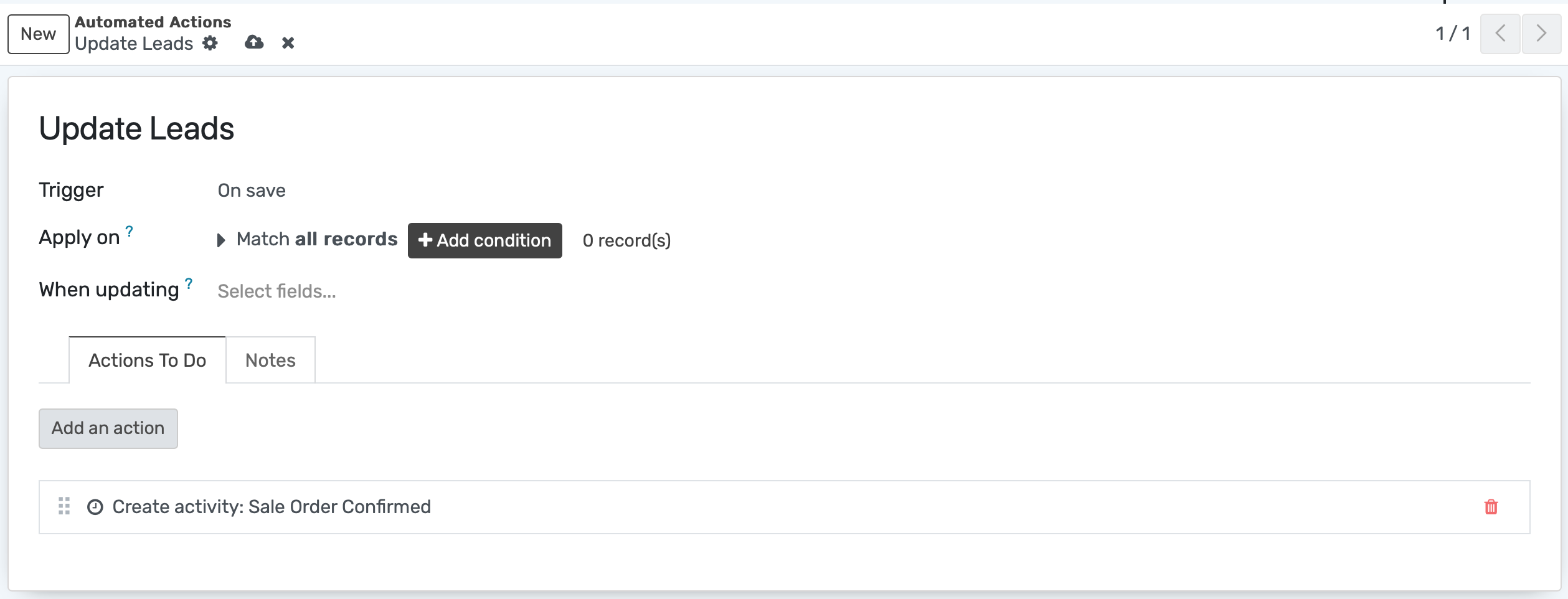 Vue d'une action automatisée en cours de création dans OpenEduCat Studio