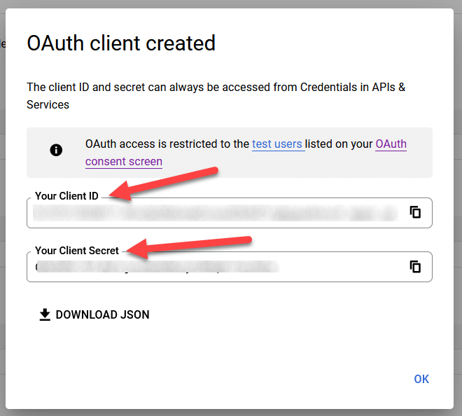 ID client et secret client pour Google OAuth.
