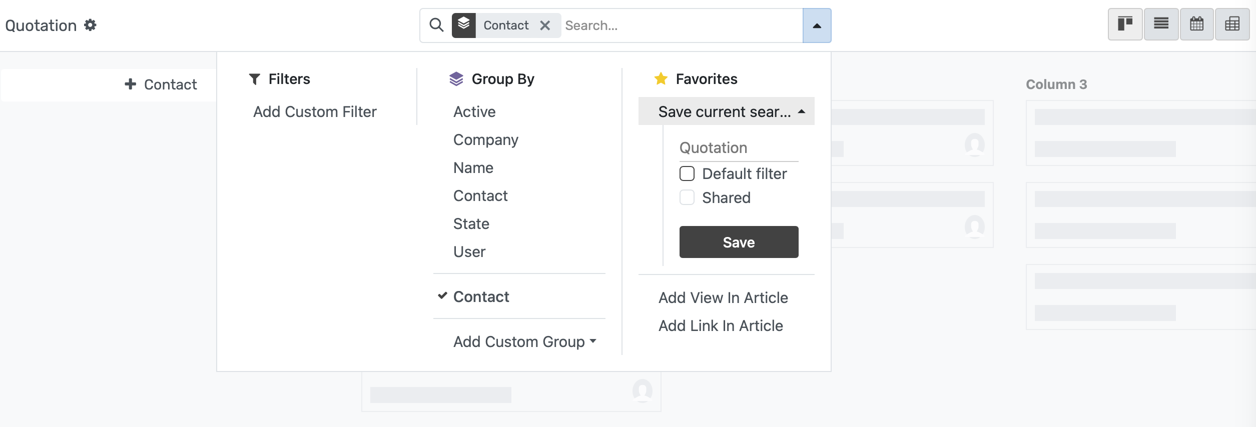 Vue d'un filtre personnalisé défini pour être utilisé par défaut dans OpenEduCat