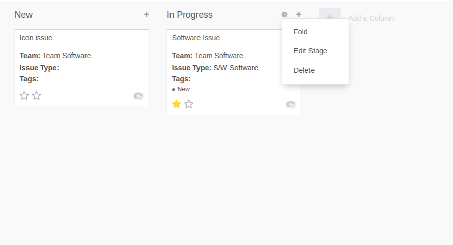 Présentation d'une vue kanban d'une équipe de support technique mettant l'accent sur l'étape d'édition de menu dans OpenEduCat Helpdesk