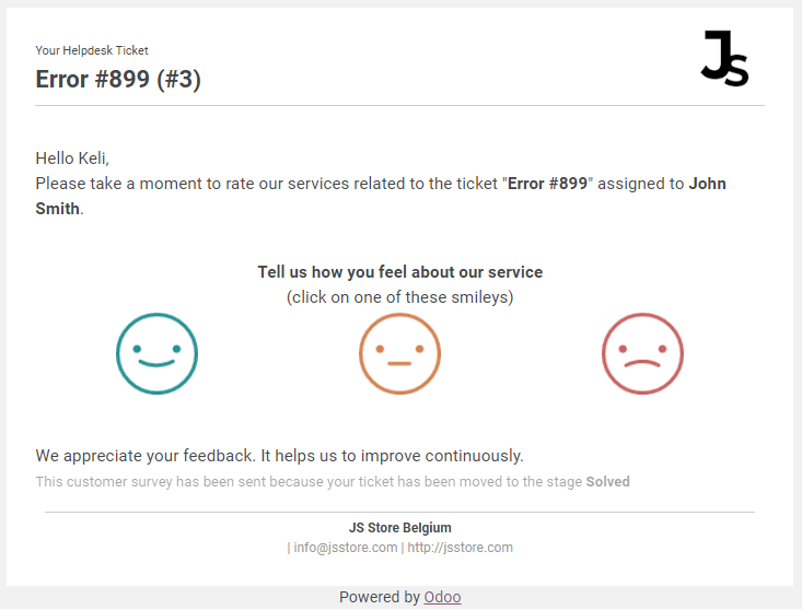 Vue d'un modèle d'e-mail d'avis client standard pour le service d'assistance OpenEduCat Helpdesk