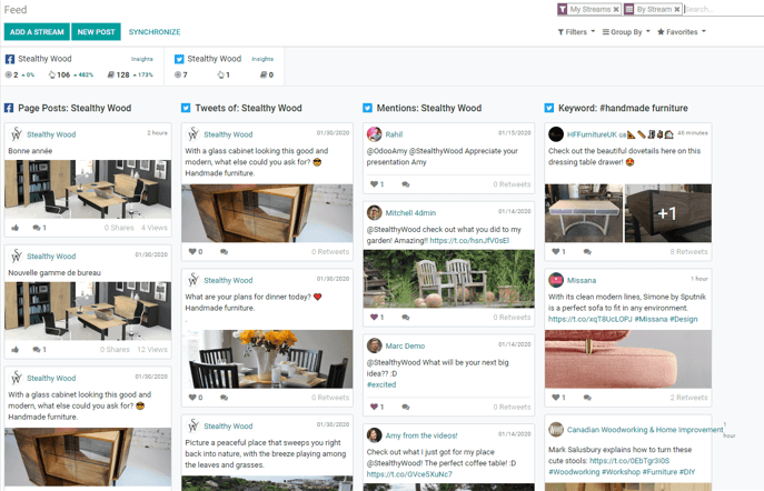 Exemple de l'apparence d'un tableau de bord rempli de flux dans openucat Social Marketing