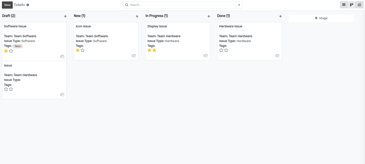 Vue de la vue Kanban d'une équipe dans OpenEduCat Helpdesk