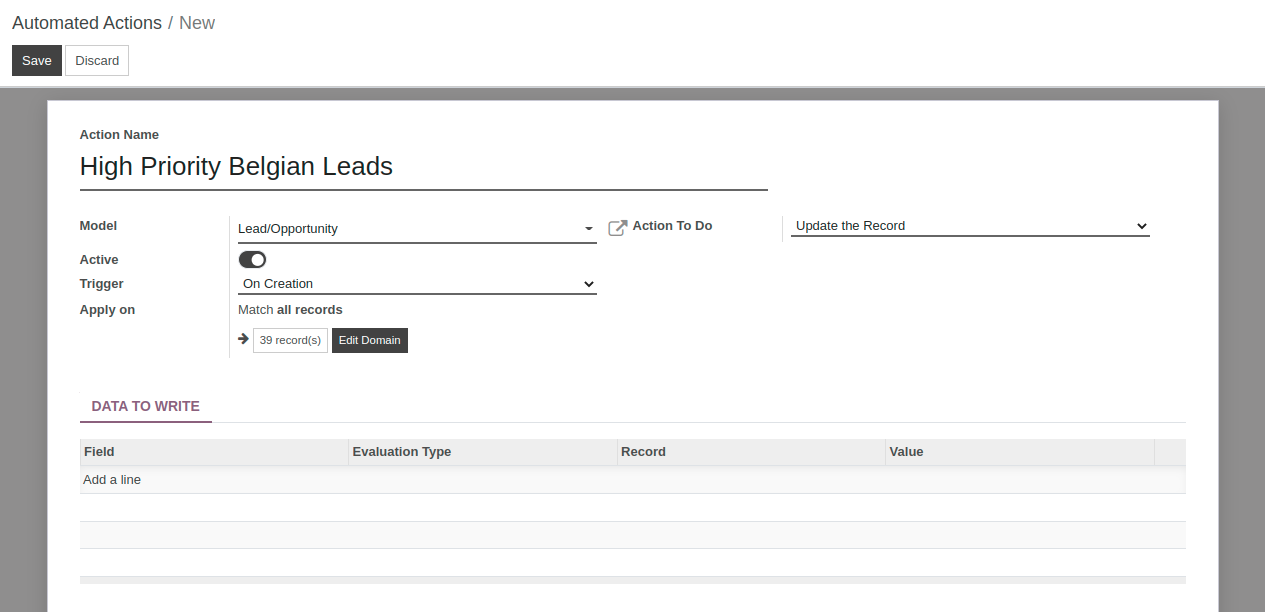Vue d'une action automatisée qui accorde une haute priorité aux leads belges dans OpenEduCat Studio