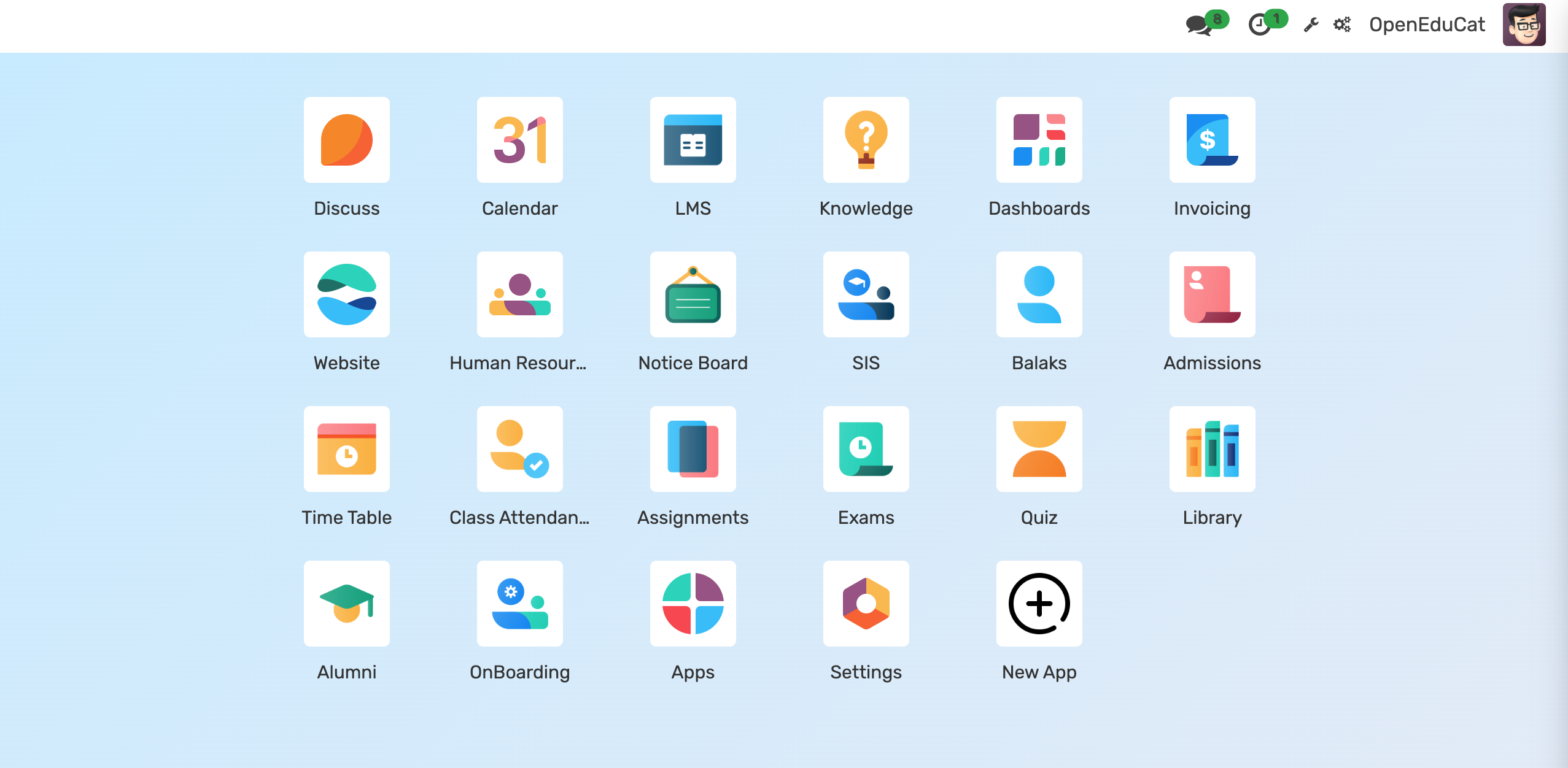 Présentation du tableau de bord principal mettant l'accent sur la possibilité de créer une nouvelle application dans OpenEduCat Studio