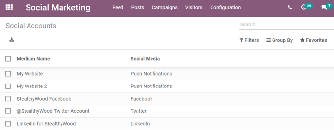 Vue de la page des comptes sociaux dans l'application openucat Social Marketing.